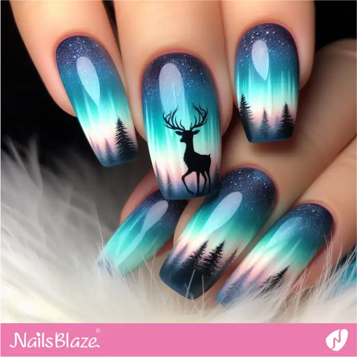 Silhouette Reindeer Under Aurora Night Sky | Polar Wonders Nails - NB3117